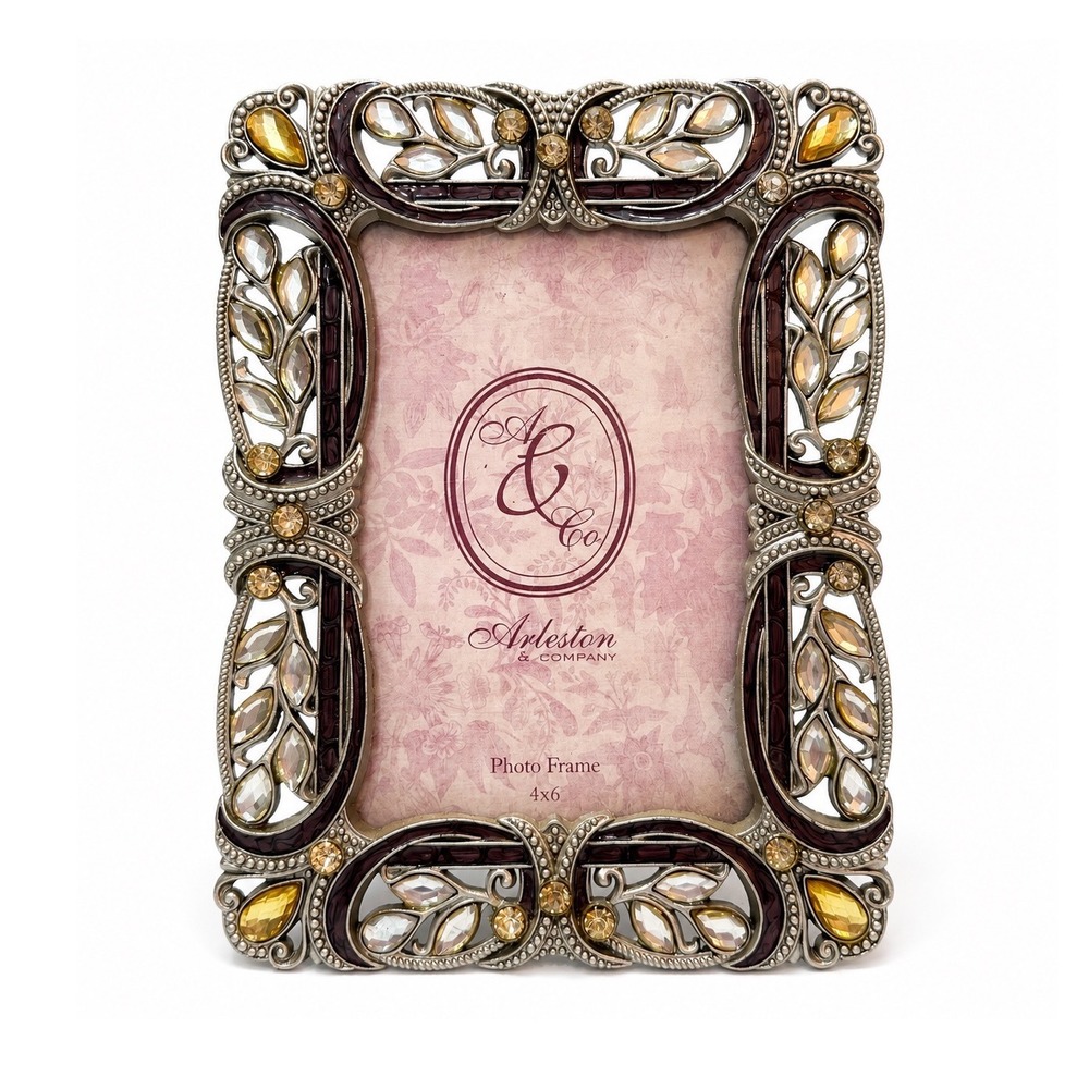 Hollywood Regency Inspired Jeweled Rhinestone 4x6 Picture Frame Ornate Silver